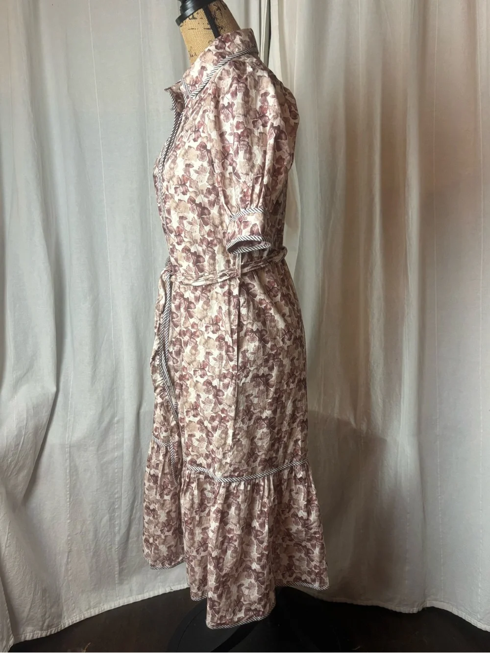 Entro Midnight Mist Brown Floral Midi Dress Shirtwaist Belted Pockets Sz Small